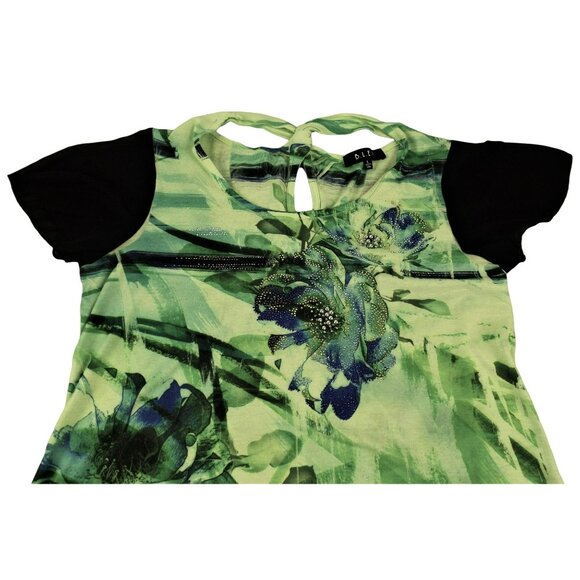 Womens Green Print Top Black Trim Multi-colored Beads T-Back size Large    JH101 - Picture 3 of 5